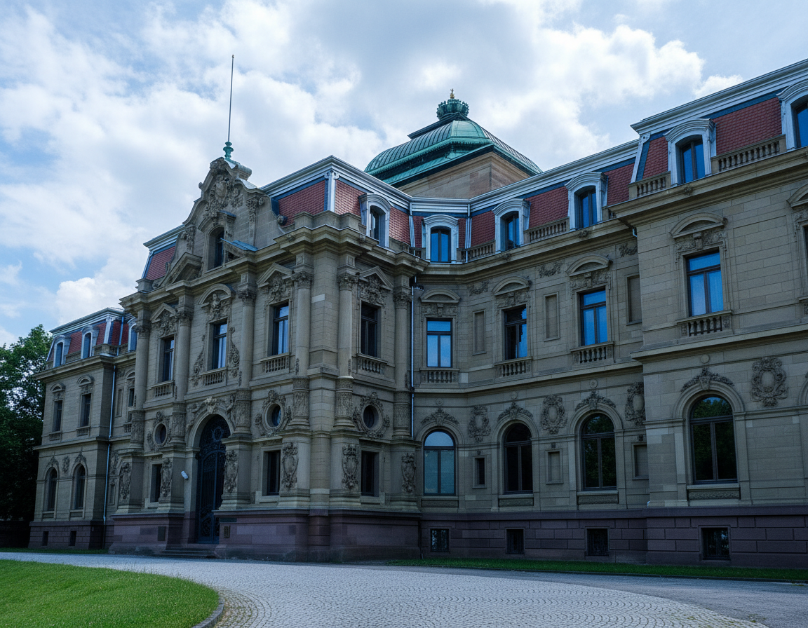 Fassade des Bundesgerichtshofs mit bewölktem Himmel im Hintergrund.