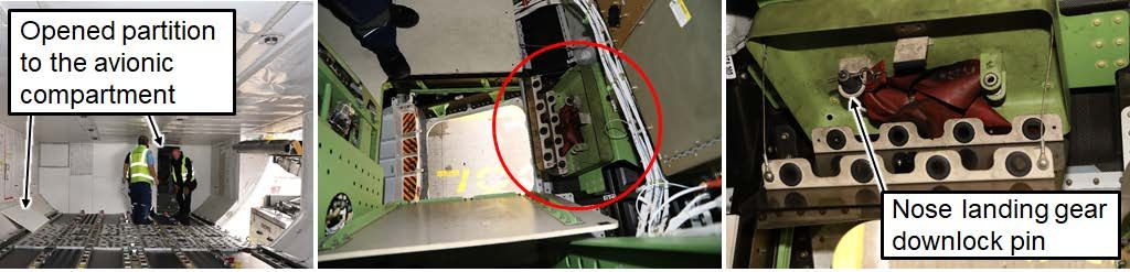 Flugzeug-Inspektion: Techniker im Frachtraum, offene Avionik und der kritische Bugfahrwerk-Verriegelungsstift, verstaut statt installiert.