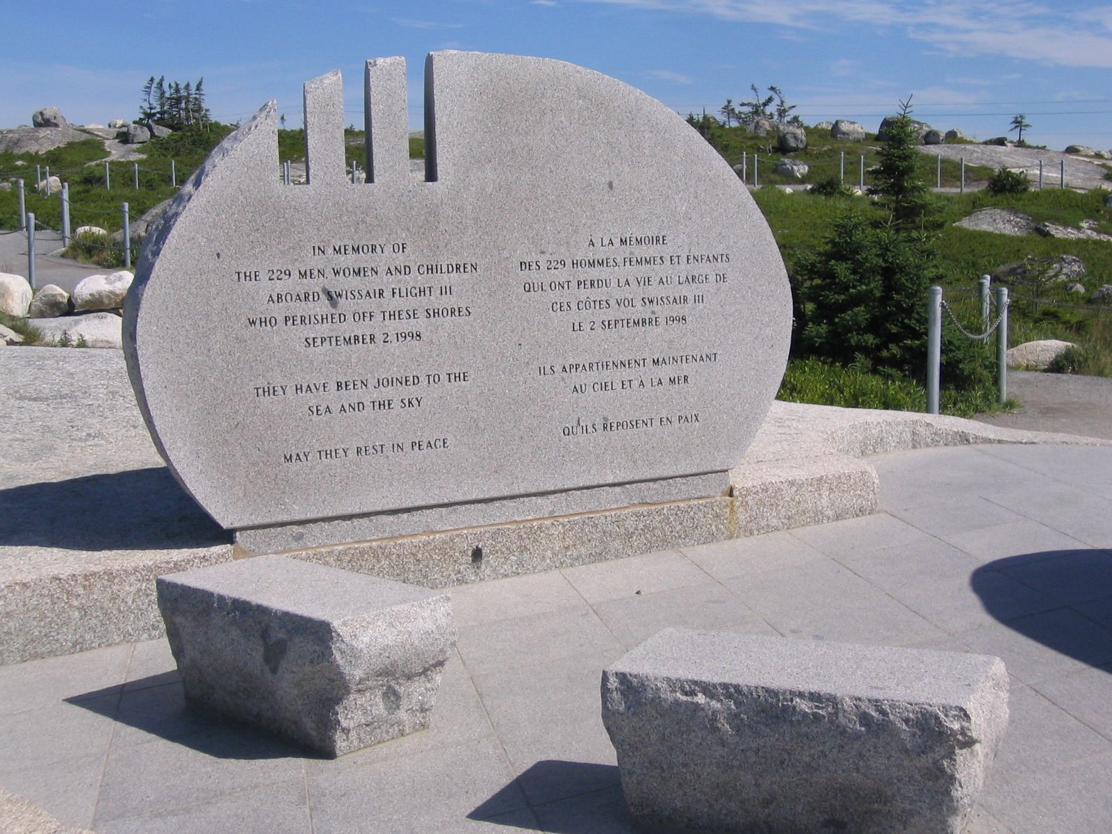 Swissair 111 memorial in Nova Scotia. Granite monument in a grassy, coastal setting.