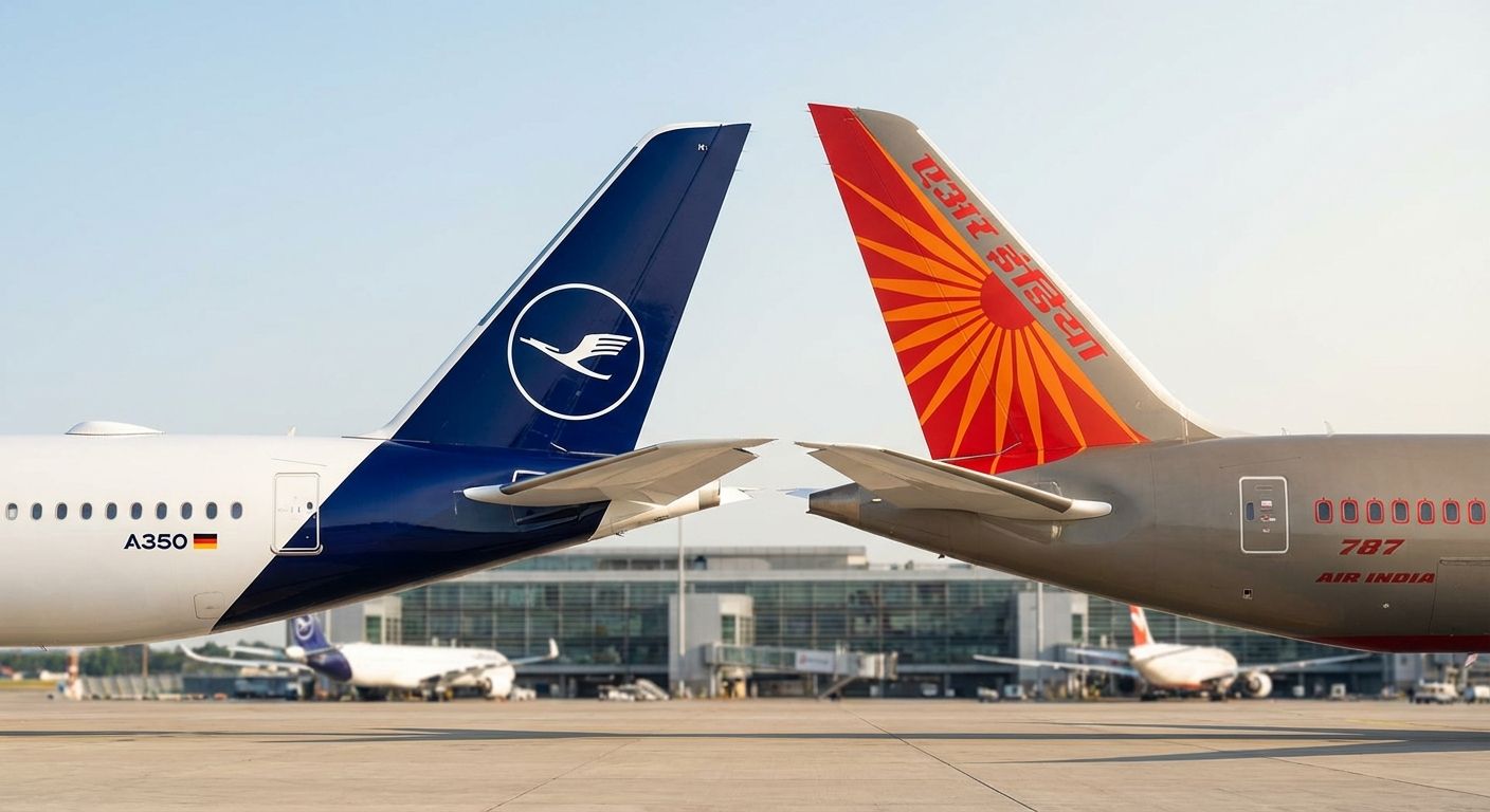 Lufthansa & Air India tailfins meet at airport. Airline partnership.
