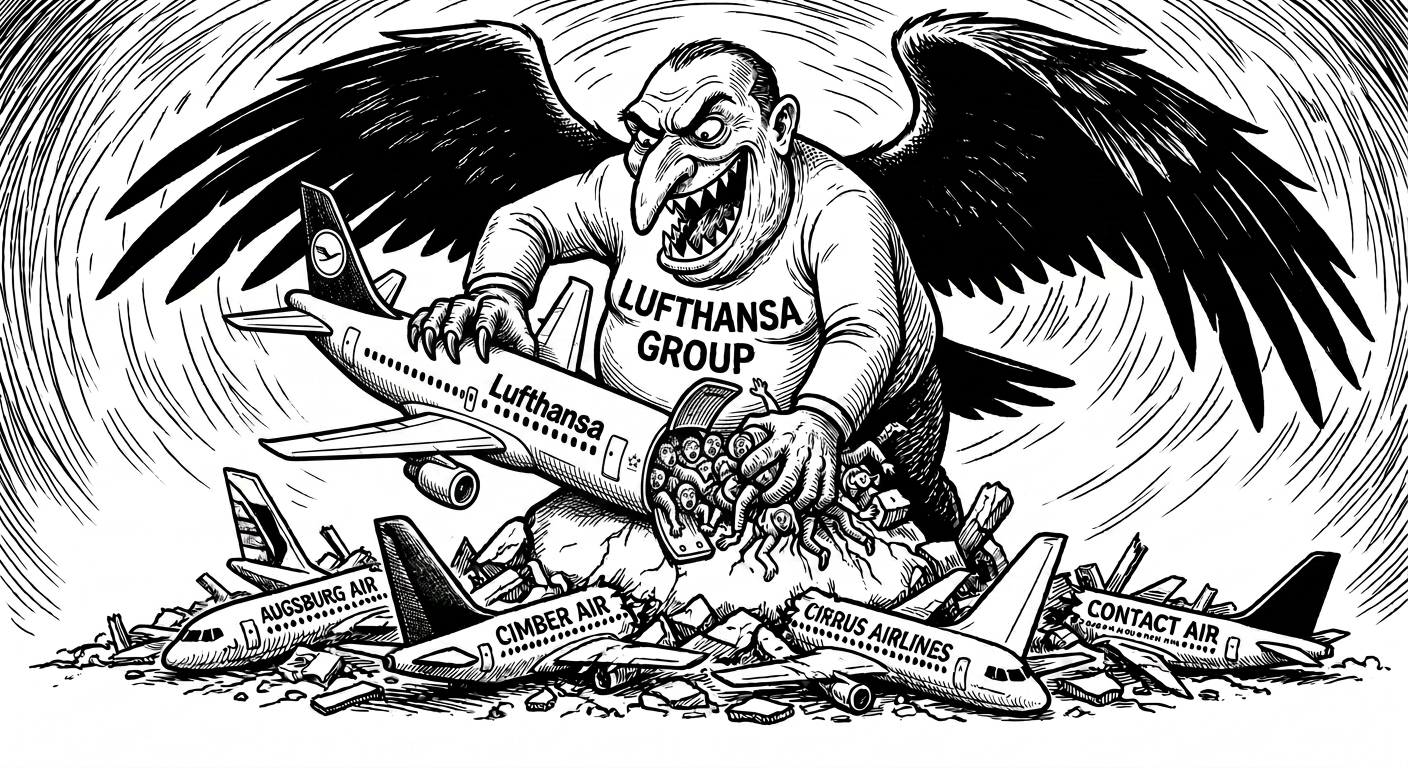 Karikatur: Geflügeltes 'Lufthansa Group'-Monster stopft Passagiere in sein Flugzeug, umgeben von Wracks konkurrierender Airlines.