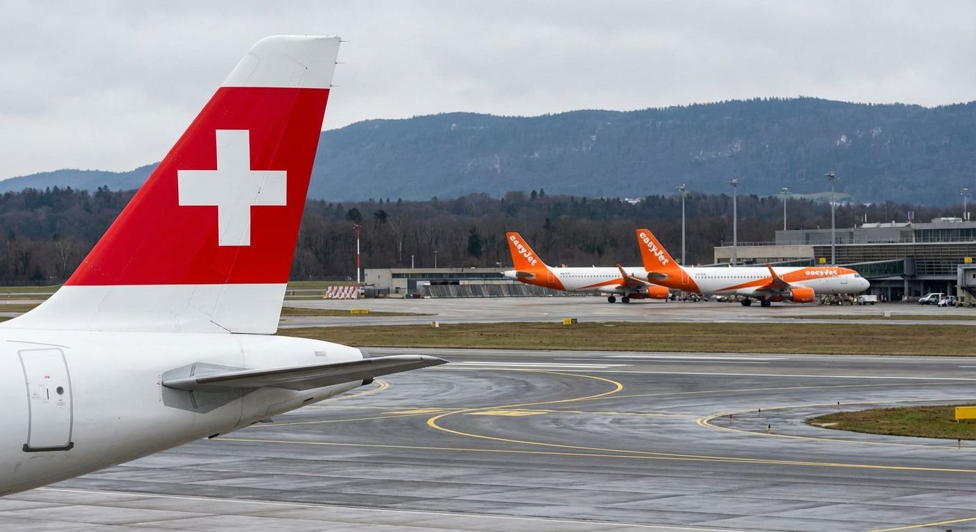 SWISS-Heckflosse am Flughafen Zürich, mit EasyJet-Flugzeugen und Bergen im Hintergrund.