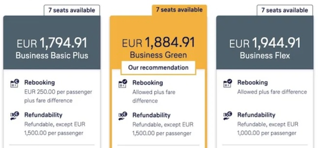 Screenshot mit einem Vergleich der Lufthansa Business Class Tarife (Basic Plus, Green, Flex), der hohe Rückerstattungsgebühren aufzeigt.