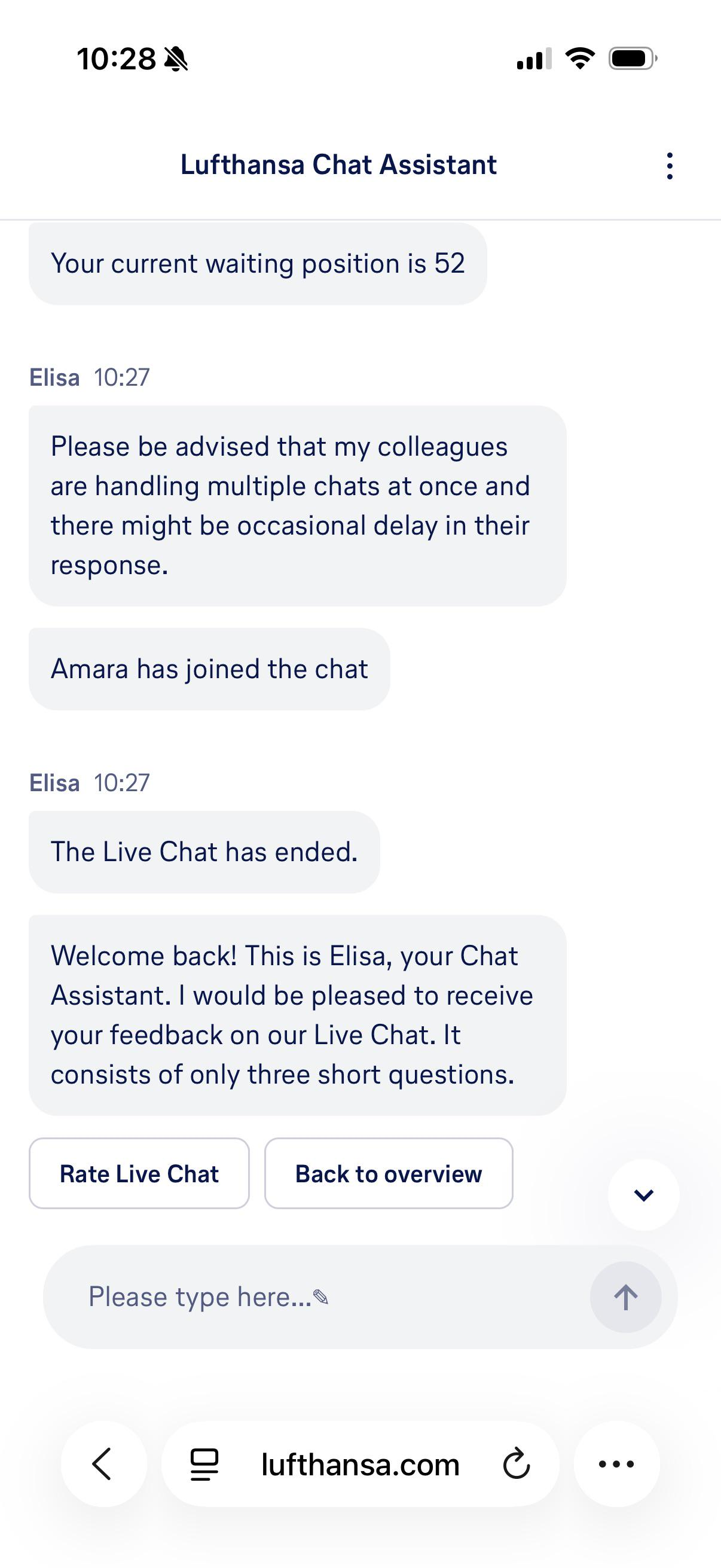 Ein Screenshot des Lufthansa Chat-Assistenten, der Verbindungsabbrüche und lange Wartezeiten zeigt.