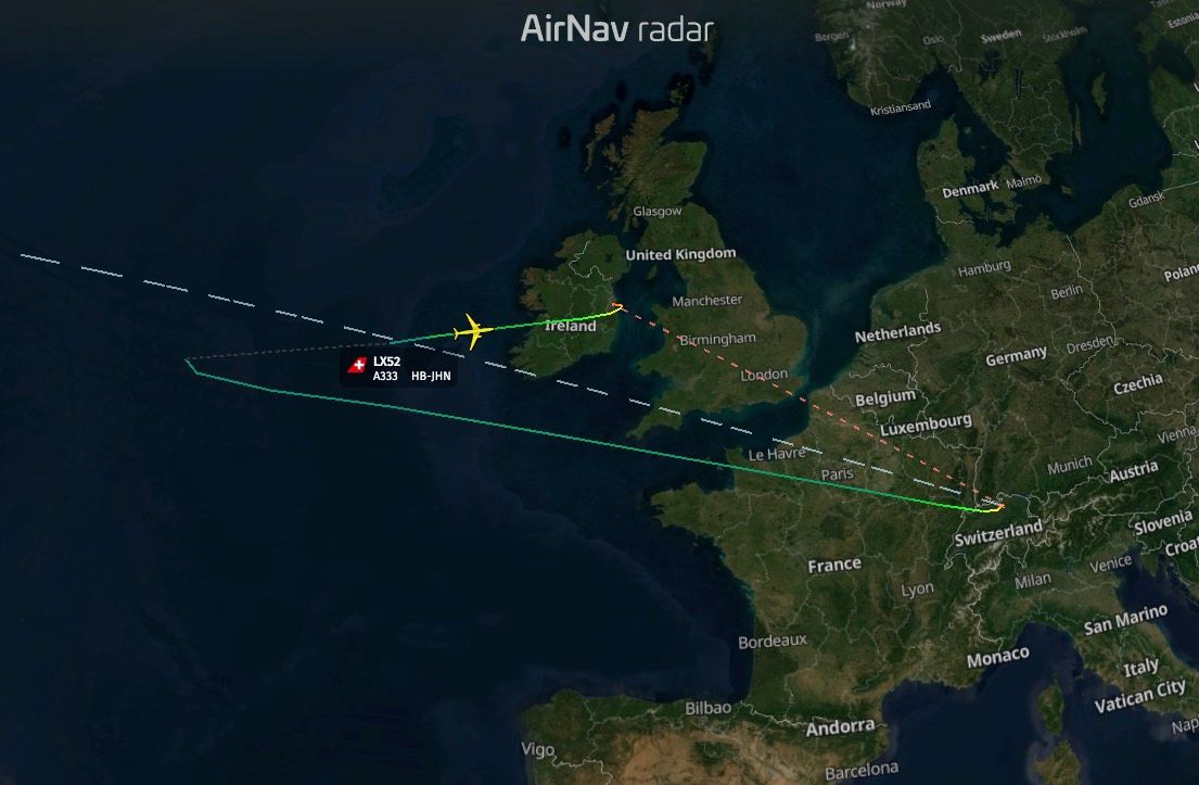 AirNav radar map showing flight LX52 (A333, HB-JHN) having turned around near Ireland, returning to Switzerland over Europe.
