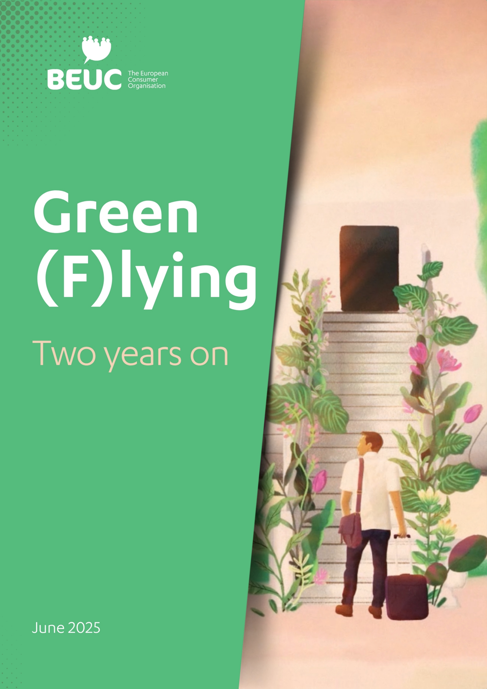 BEUC-Bericht Green (F)lying: Ein Reisender vor einer bewachsenen Treppe versinnbildlicht irreführende Nachhaltigkeitswerbung bei Flugreisen.