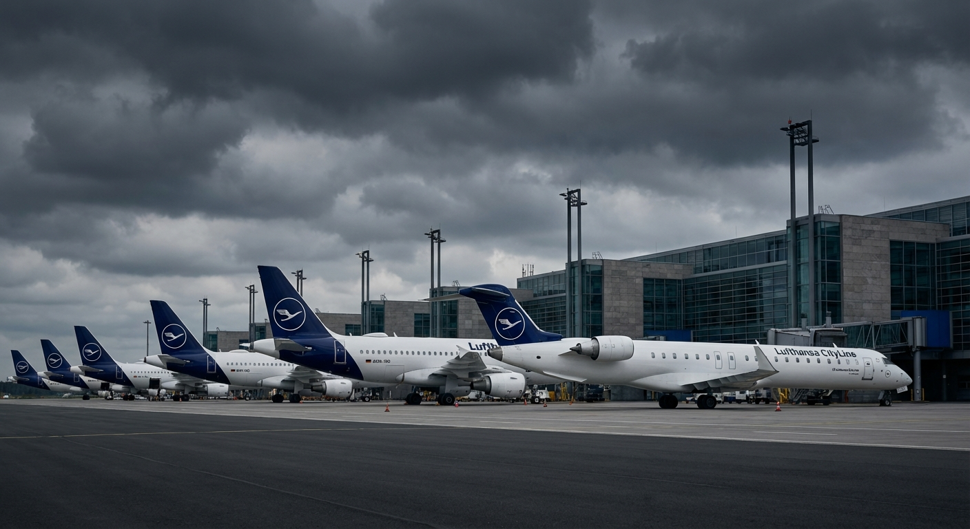 Lufthansa Flugzeuge parken unter einem stürmischen Himmel am Flughafen. Lufthansa CityLine Flugzeug am Terminal.