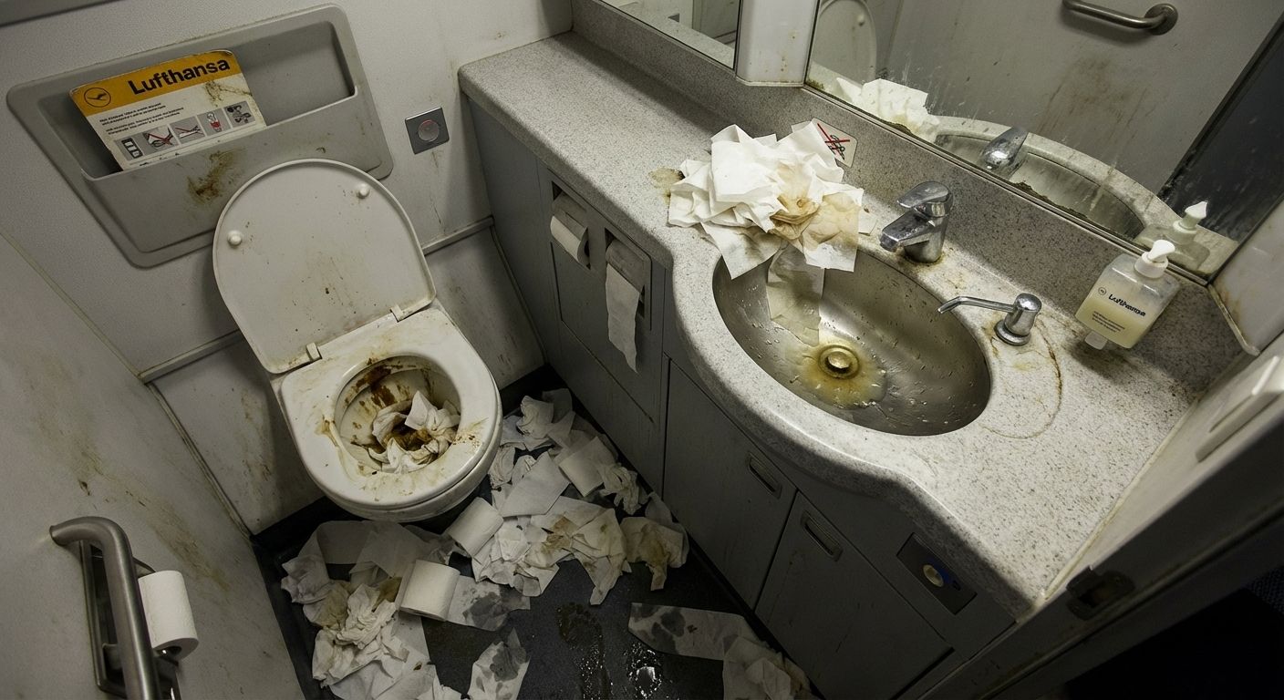 Schmutzige Lufthansa Flugzeugtoilette mit überlaufender Toilette und verstreuten Papierhandtüchern