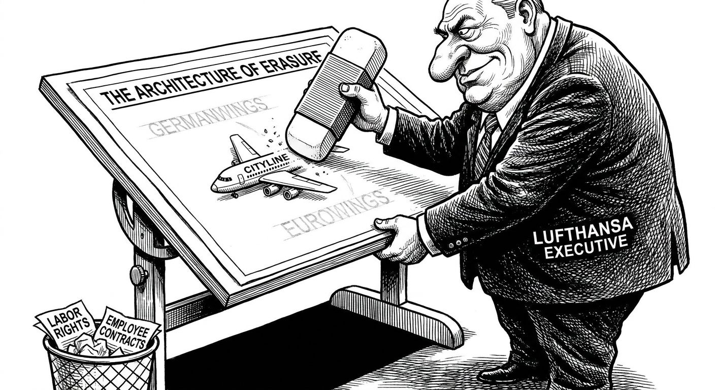 Karikatur: Ein Lufthansa-Manager radiert Flugmarken auf einem Zeichentisch aus, während Arbeitsrechte im Papierkorb landen.