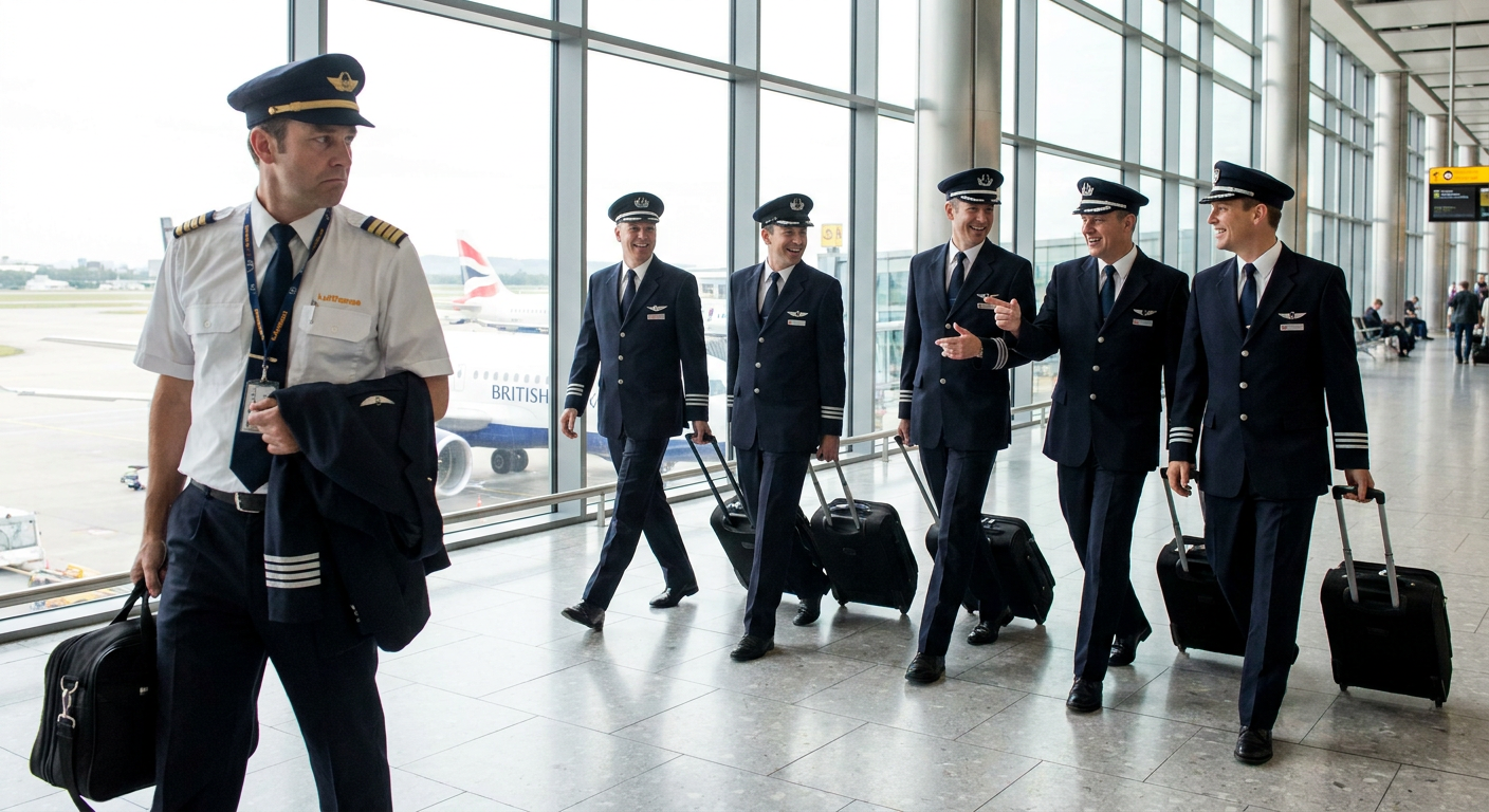 Ein Lufthansa-Pilot steht im Terminal, während lächelnde British Airways-Piloten mit Gepäck an einem Flugzeug vorbeigehen.