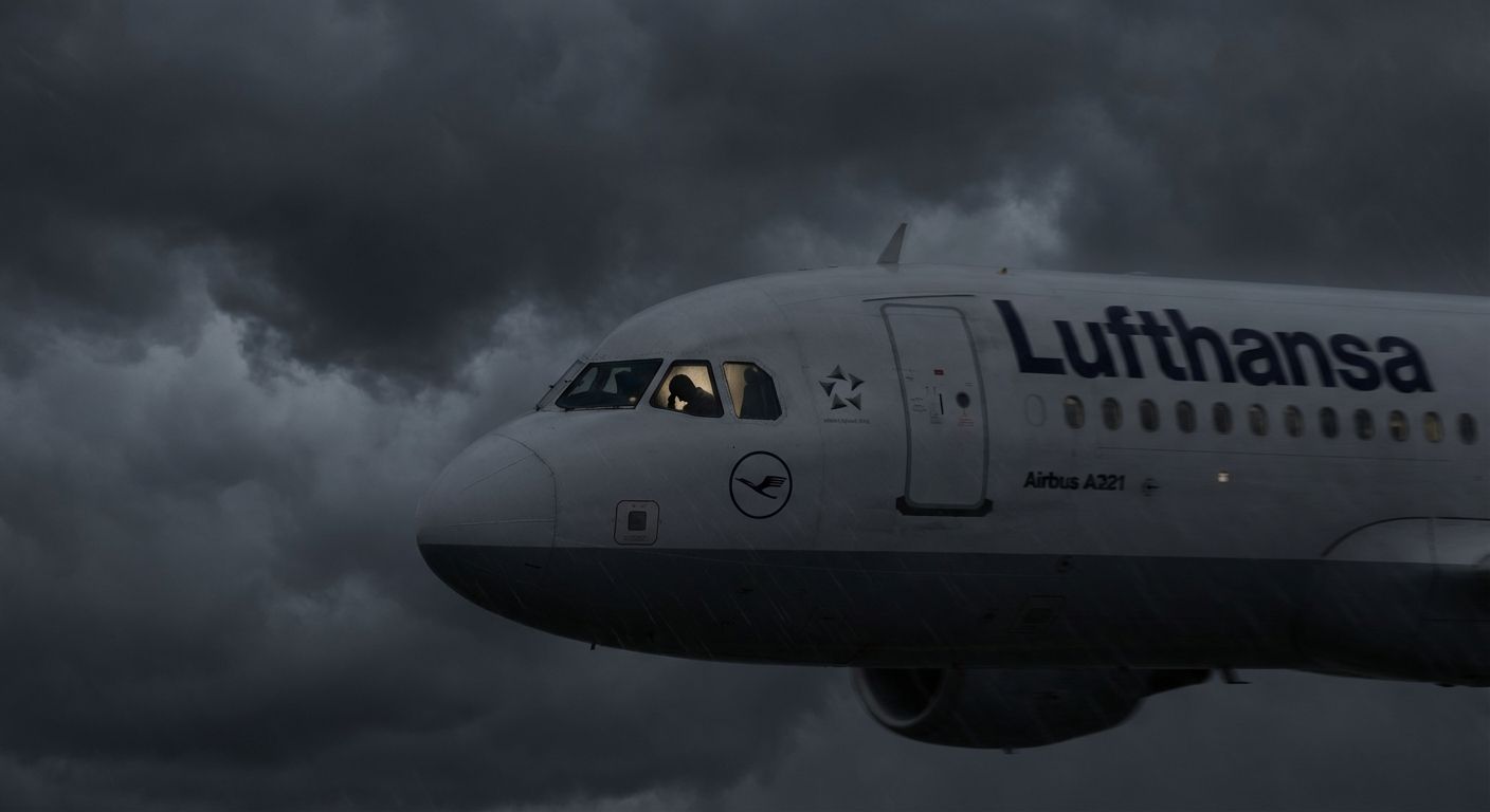 Lufthansa Airbus A321 fliegt vor dunklen, stürmischen Wolken, Pilot sitzt zusammengesunken im Cockpit.