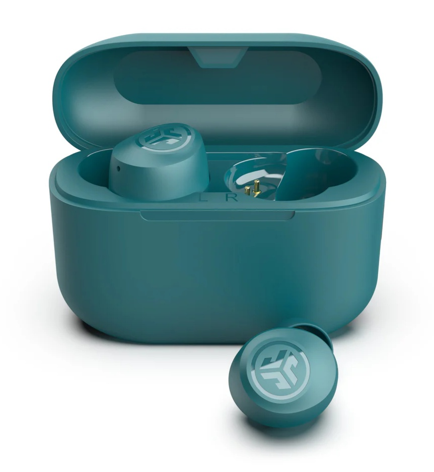 Turquoise wireless earbuds of the brand JLab Go Air Pop+ 