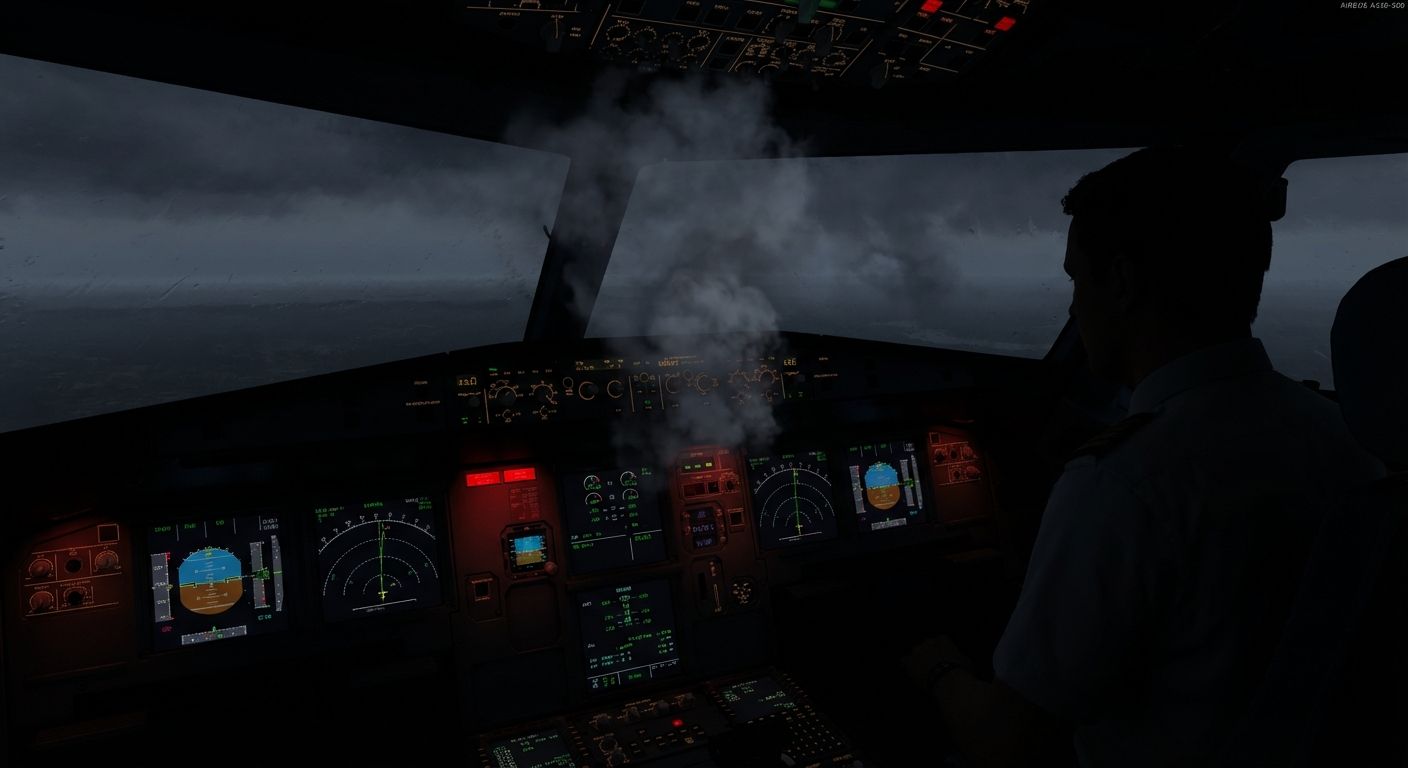 Cockpit-Ansicht mit Rauch; Pilot sichtbar. Möglicherweise ein Flugnotfallszenario.