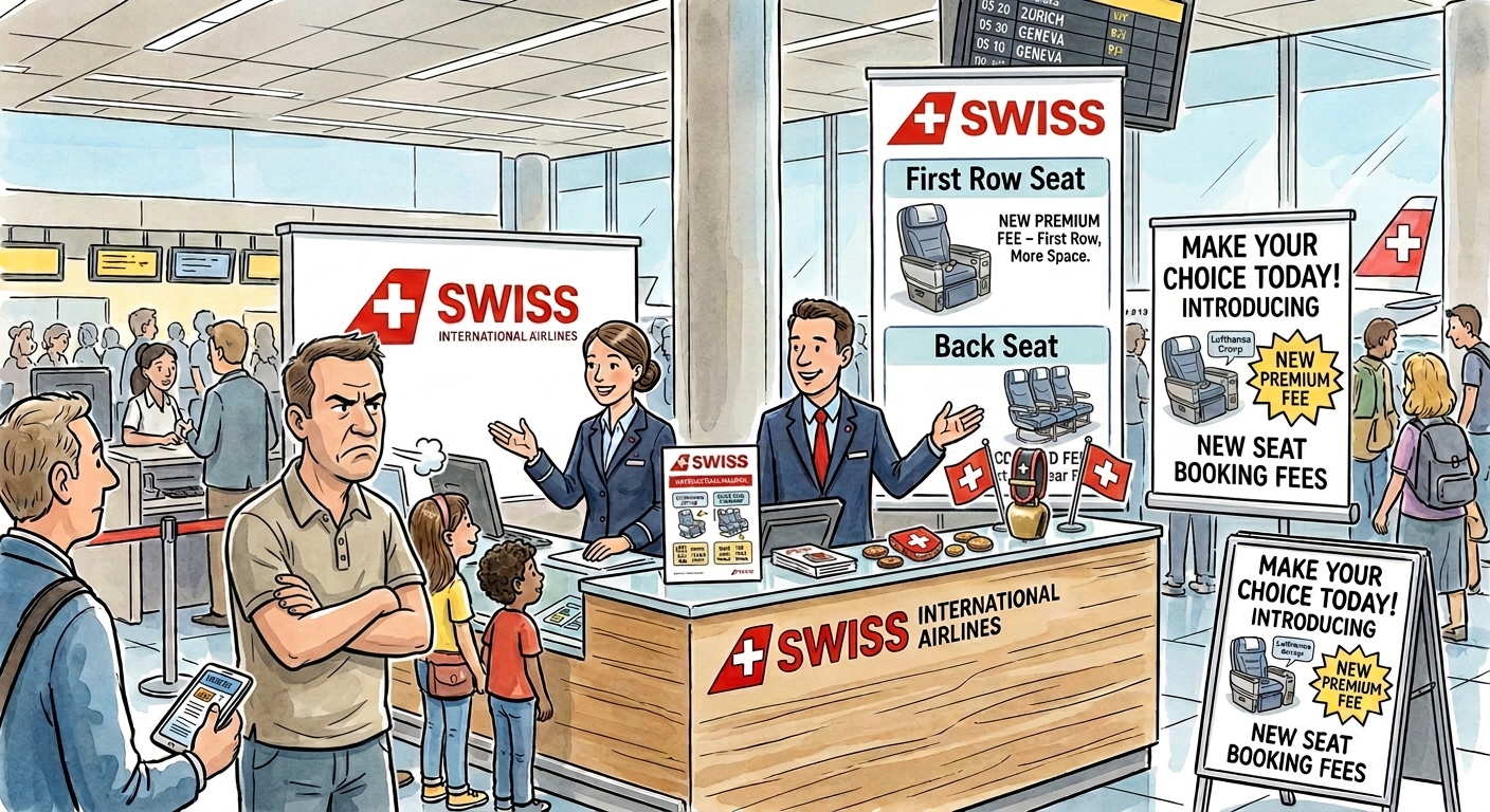 Mitarbeiter von SWISS International Airlines bewerben 'NEUE PREMIUM-GEBÜHR' und 'NEUE SITZPLATZ-BUCHUNGSGEBÜHREN' (Lufthansa Crorp) vor verärgerten Passagieren.