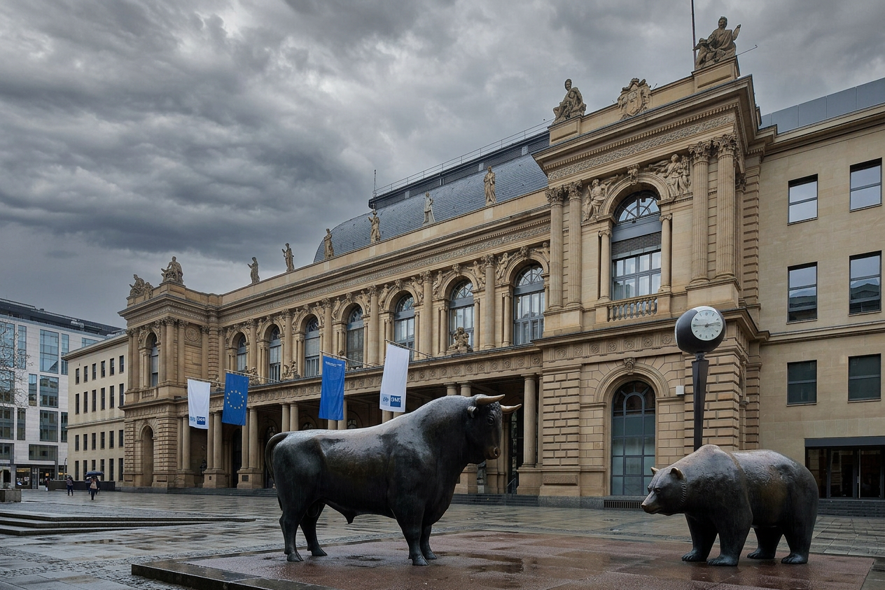 Frankfurt Stock Exchange building with the iconic bull and bear statues under a dramatic cloudy sky.