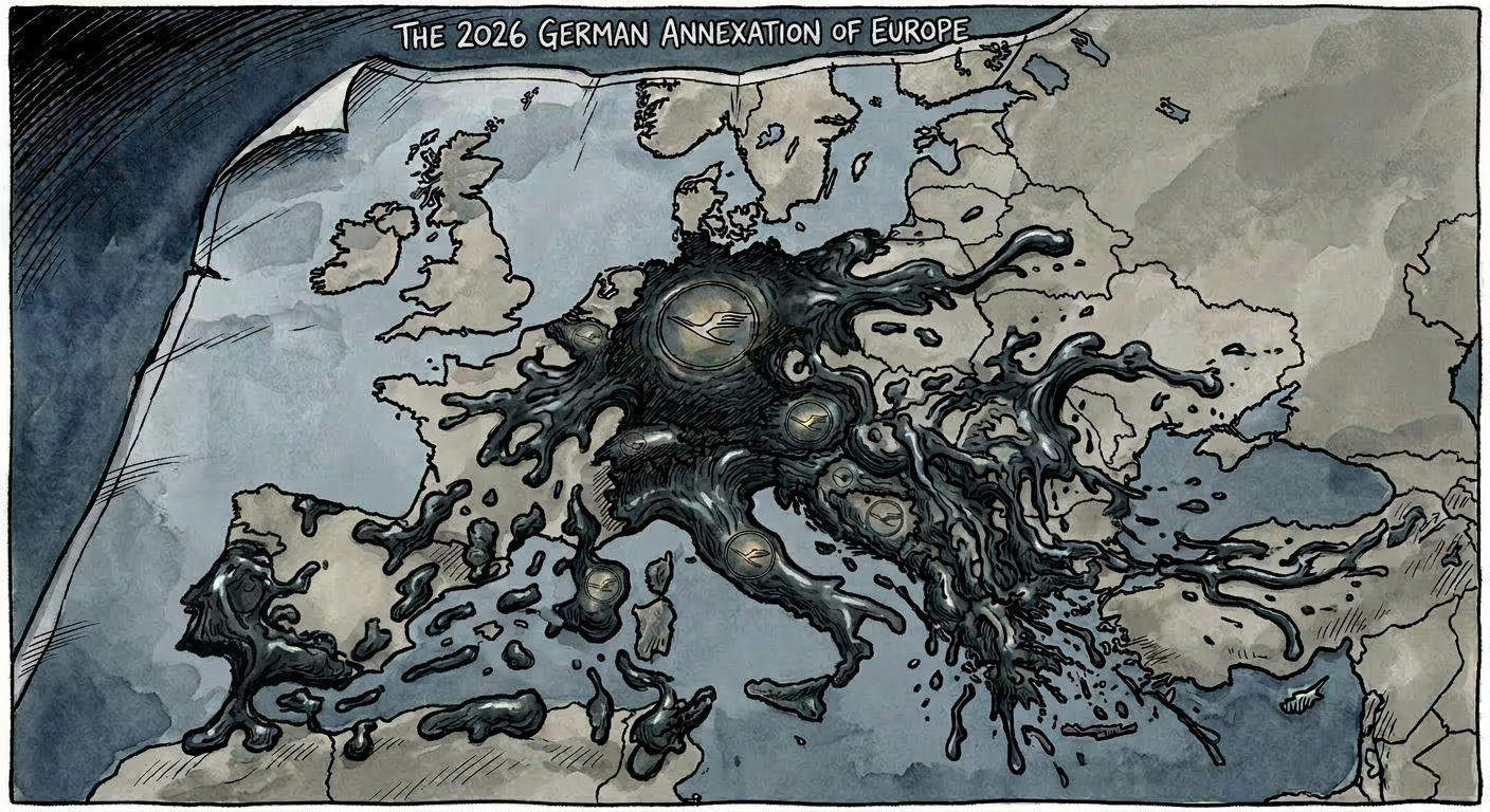 Politische Karikatur: Europakarte mit sich ausbreitendem schwarzem Teer und Lufthansa-Logos, betitelt 'The 2026 German Annexation of Europe'.