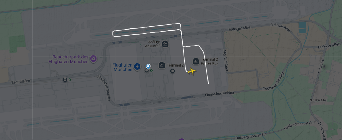 Karte des Flughafens München, die den Flugweg zu einem Taxi-Stand und zurück zeigt.