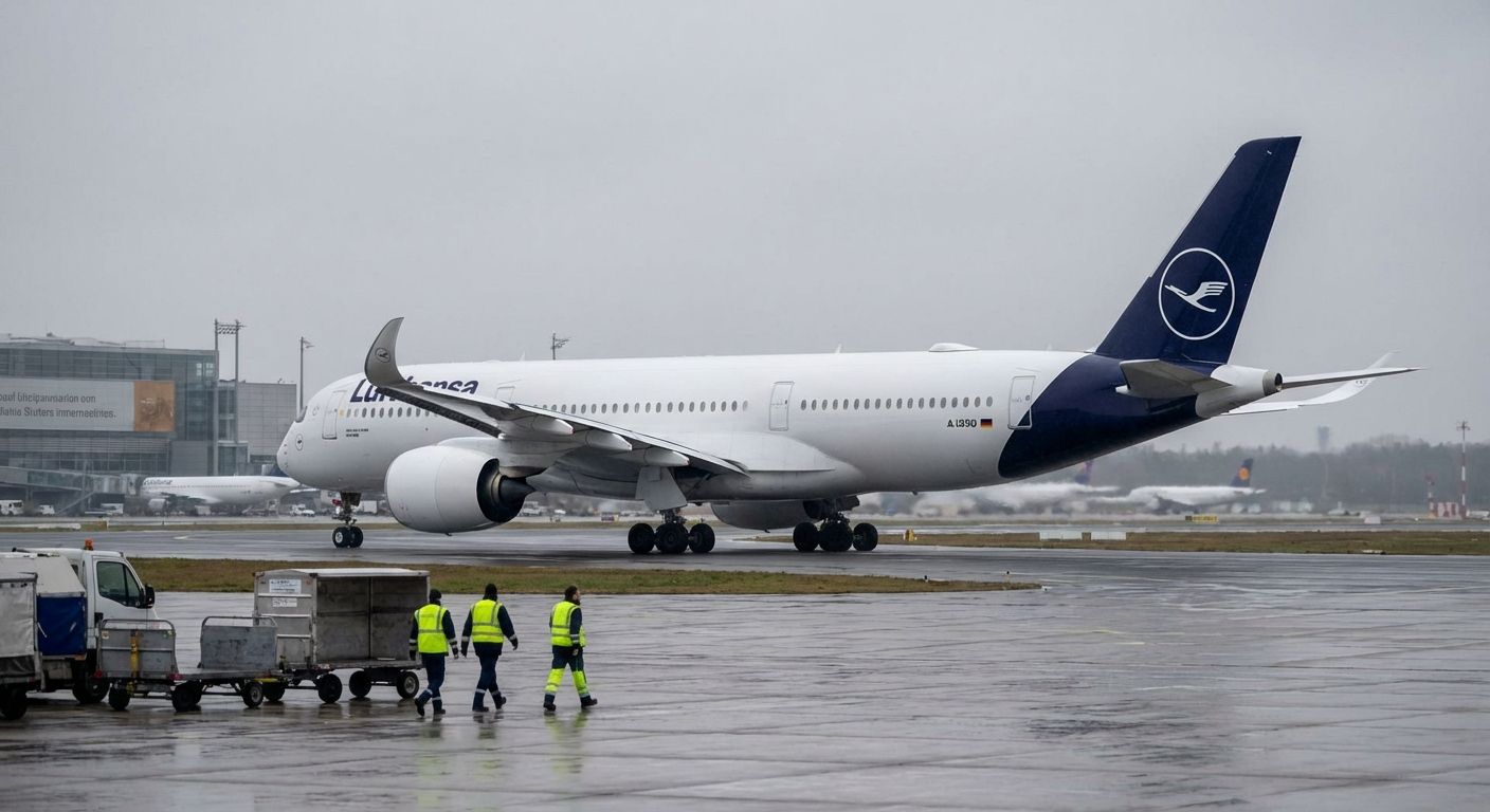 Lufthansa A350 auf nassem Rollfeld mit Bodenpersonal. Bewölkter Himmel.