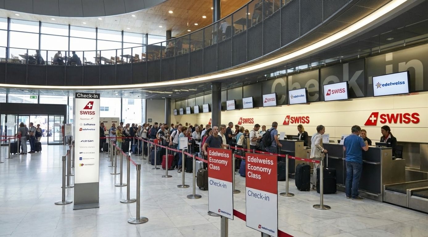 Schlange an den Swiss und Edelweiss Check-in-Schaltern in einem modernen Flughafen.