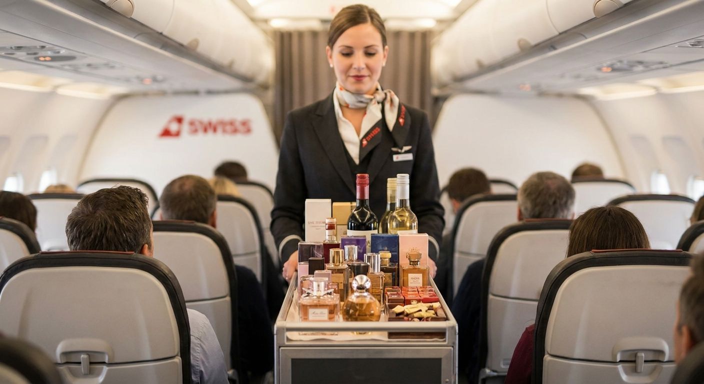 Eine Flugbegleiterin der Swiss International Air Lines schiebt einen Trolley mit Duty-Free-Parfüms und Wein durch die Flugzeugkabine.