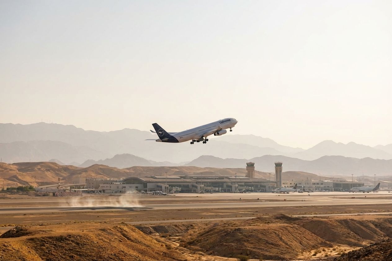 Lufthansa-Flugzeug startet von einem Wüstenflughafen, Berge im Hintergrund.