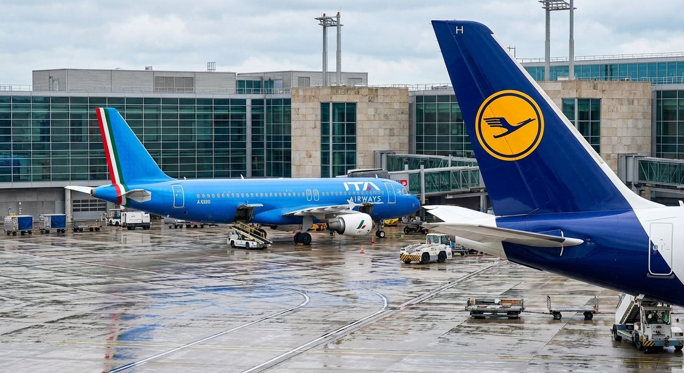 Flugzeuge von ITA Airways und Lufthansa an einem Flughafenterminal auf nassem Asphalt.