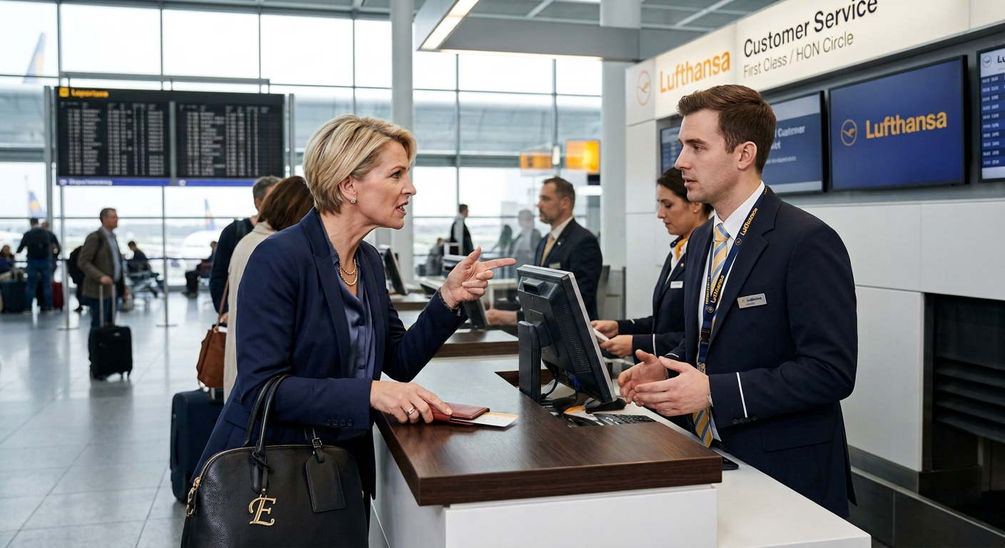 Eine wütende Frau zeigt auf einen ruhigen Lufthansa-Kundenberater am Flughafenschalter.
