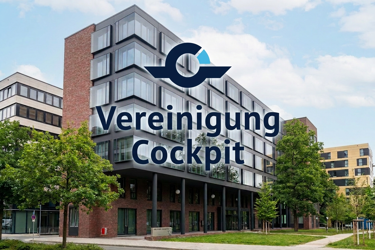 The "Vereinigung Cockpit" logo and text overlaid on the association headquarters in Frankfurt