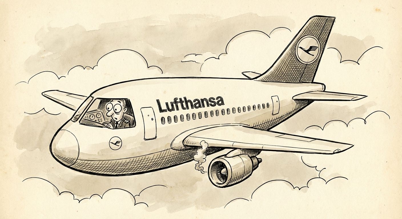 Karikatur eines Lufthansa-Flugzeugs, dem der Treibstoff ausgegangen ist