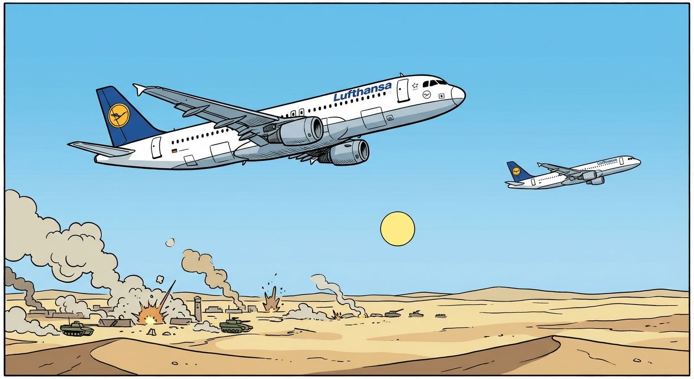 Cartoon von Lufthansa-Flugzeugen über einer zerstörten Wüstenlandschaft.