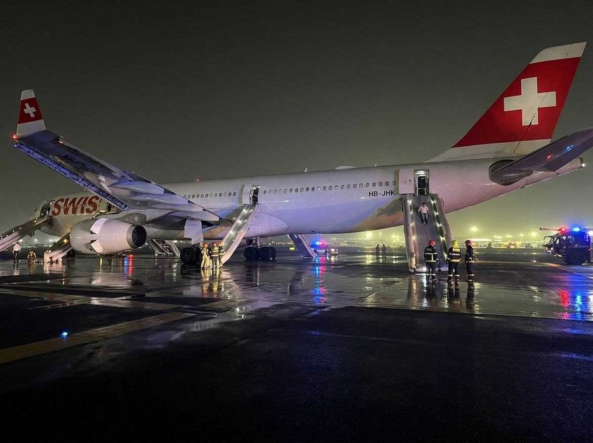 Swiss International Air Lines Flugzeug mit Notrutschen bei Nacht auf nassem Rollfeld, umgeben von Einsatzkräften.