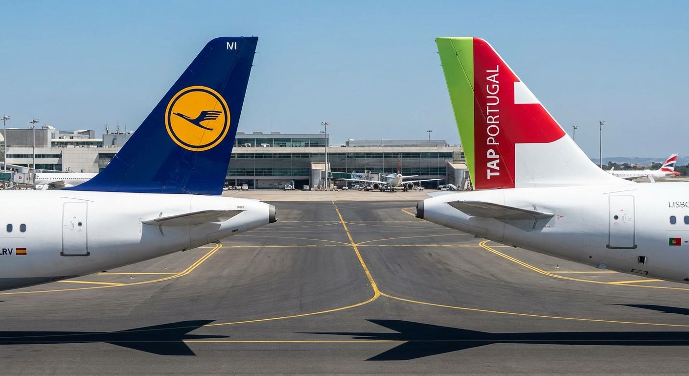 Heckflossen von Lufthansa und TAP Portugal Flugzeugen auf einem Flughafen, einander zugewandt. Klarer Himmel. Möglicher Kontext einer Fluggesellschaftsfusion.