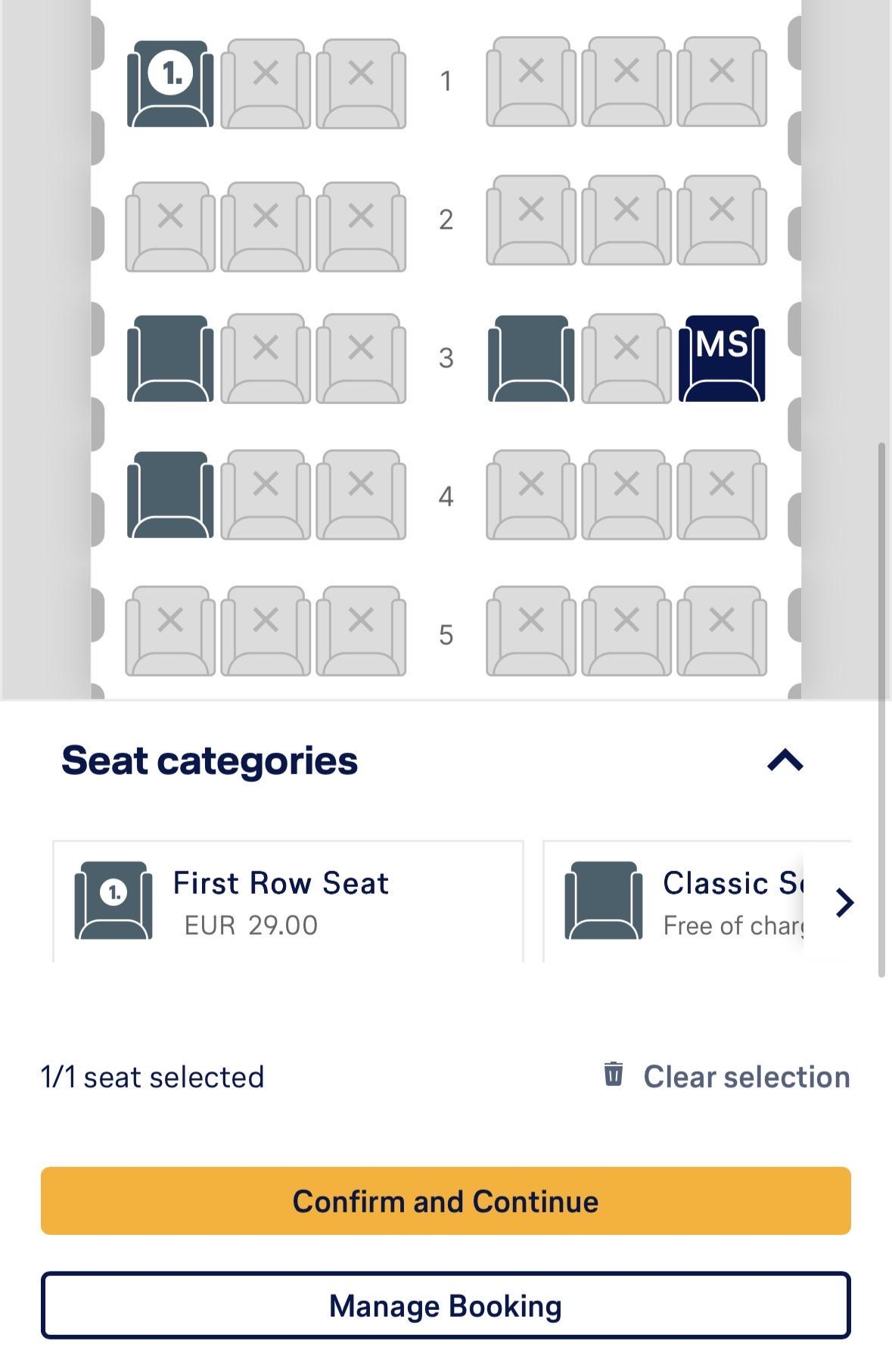 Die Benutzeroberfläche zur Sitzplatzauswahl in der Business Class der Lufthansa zeigt einen ausgewählten „Sitz in der ersten Reihe“ für 29,00 € an.