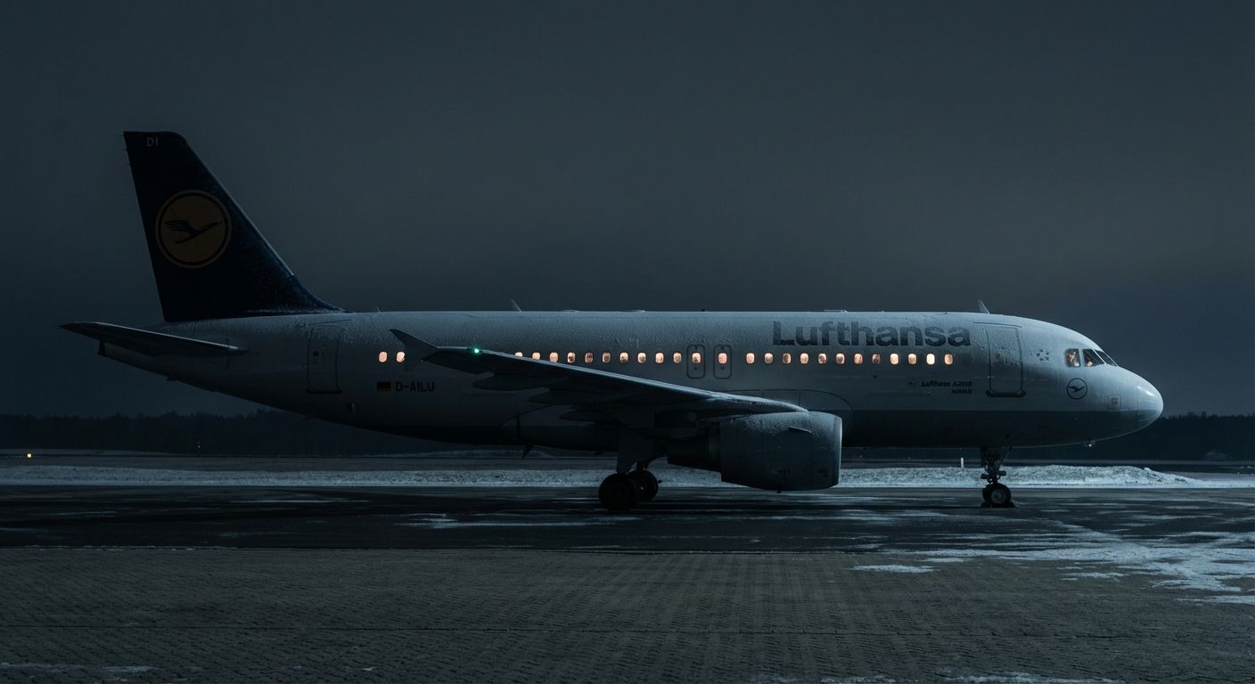 Lufthansa Airbus auf verschneitem Rollfeld bei Nacht, Kabinenbeleuchtung leuchtet.