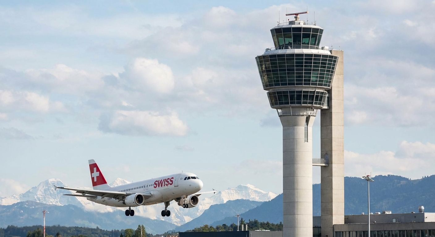 A Swiss airplane lands by the airport control tower, mountains in the distance.