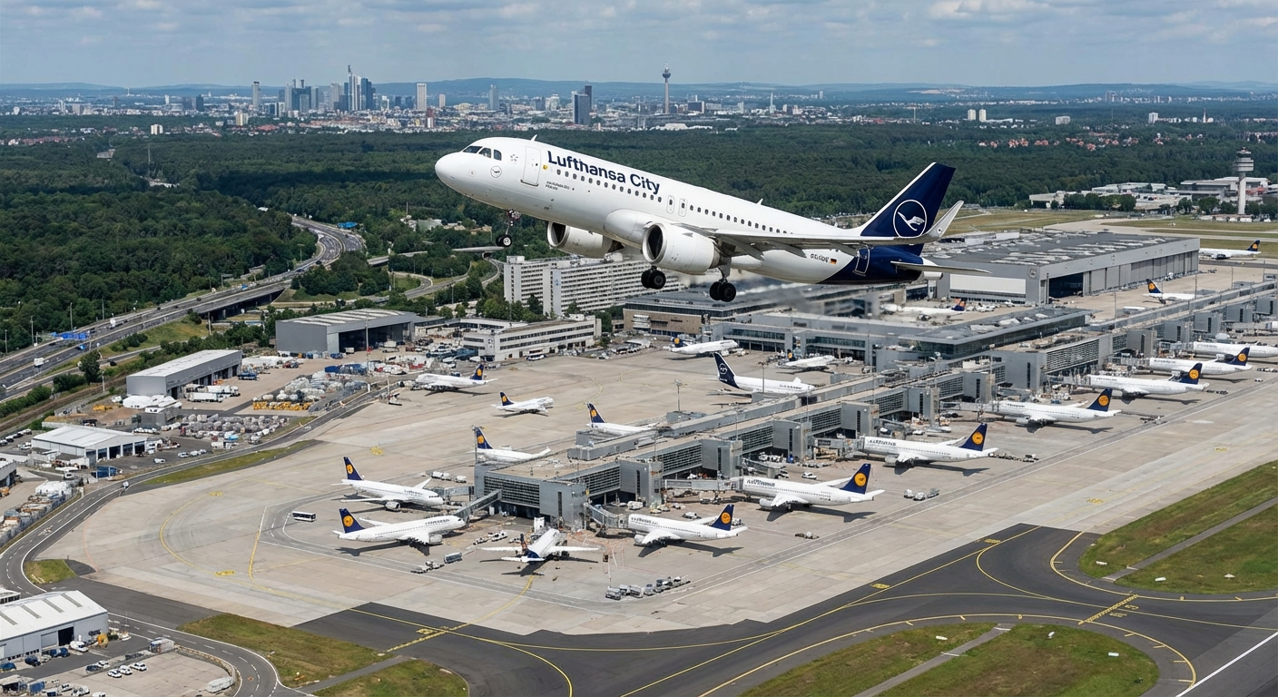 Eine Lufthansa City Maschine hebt vom Frankfurter Flughafen ab, die Skyline der Stadt im Hintergrund.