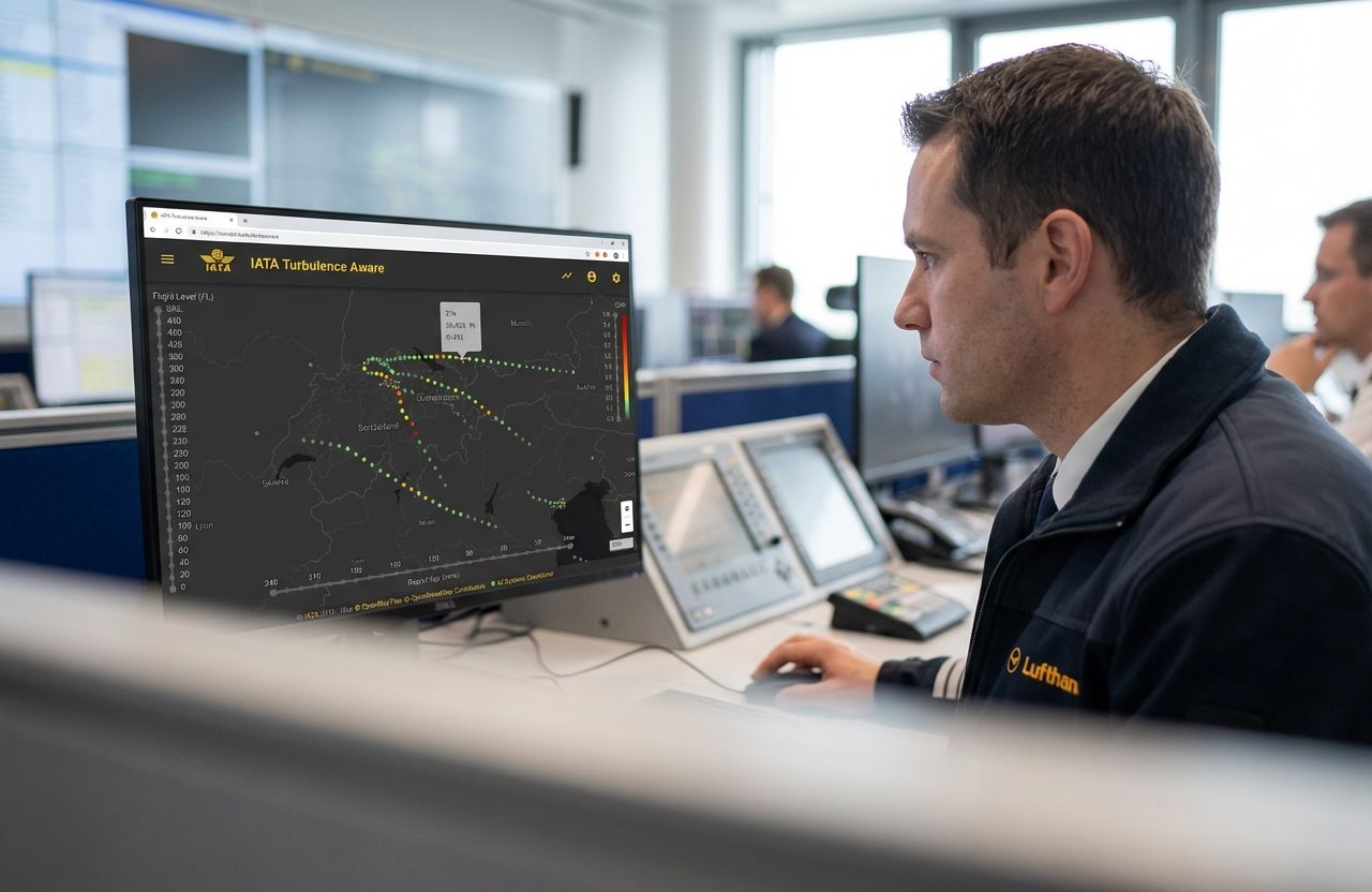 Lufthansa Mitarbeiter überwacht IATA Turbulenzkarte am Arbeitsplatz.