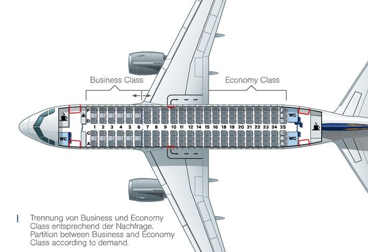 Flugzeugsitzplan von oben: Business und Economy Class mit flexibler Trennwand
