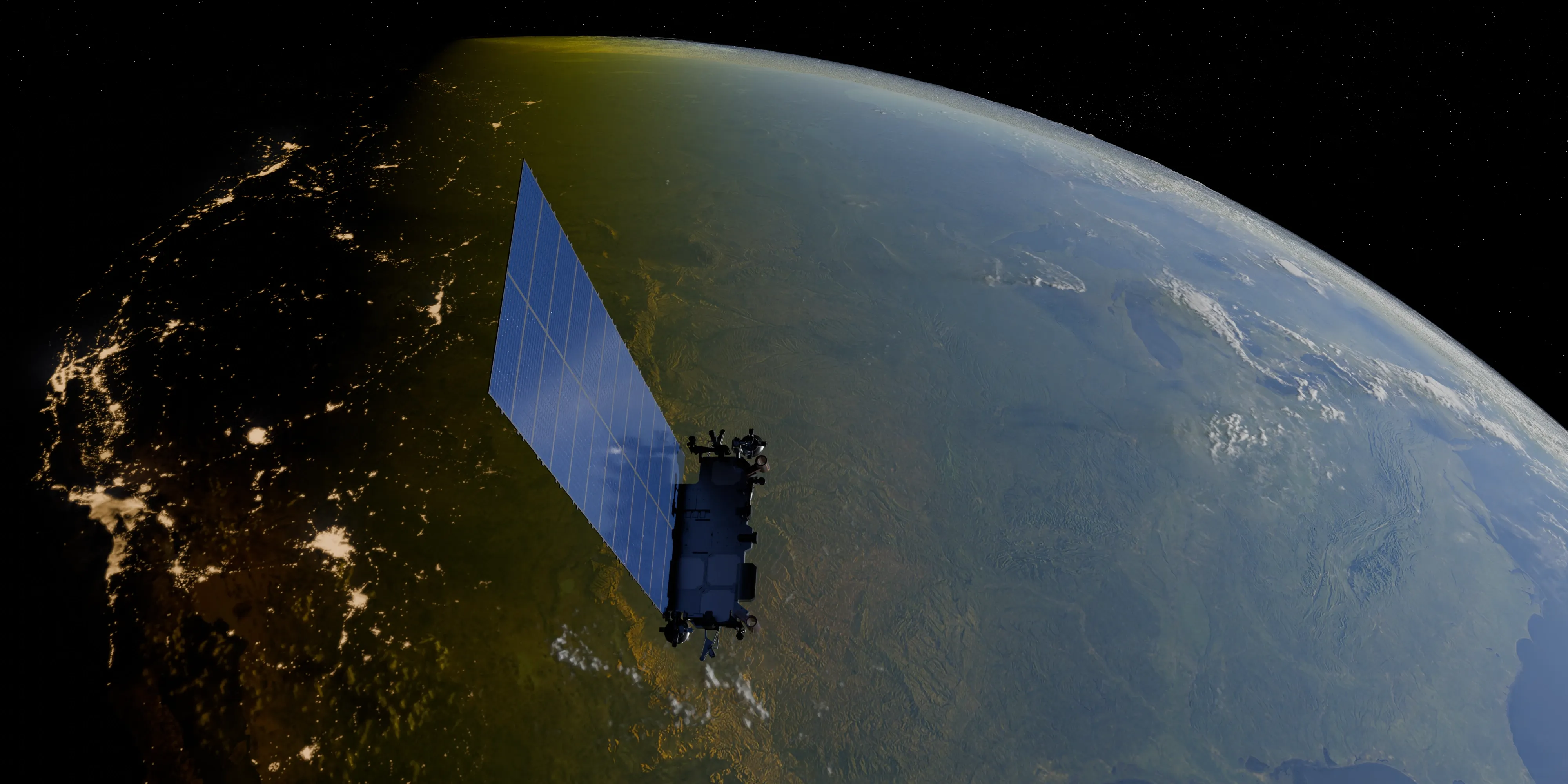 Starlink second-generation satellite orbiting Earth, with city lights visible on the night side.