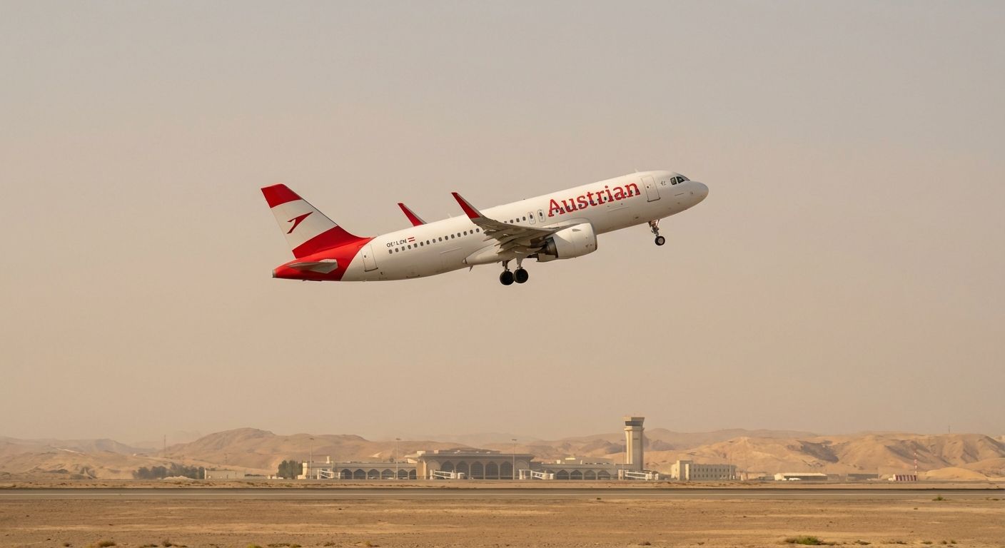Flugzeug der Austrian Airlines startet von einem Wüstenflughafen, wahrscheinlich im Nahen Osten.