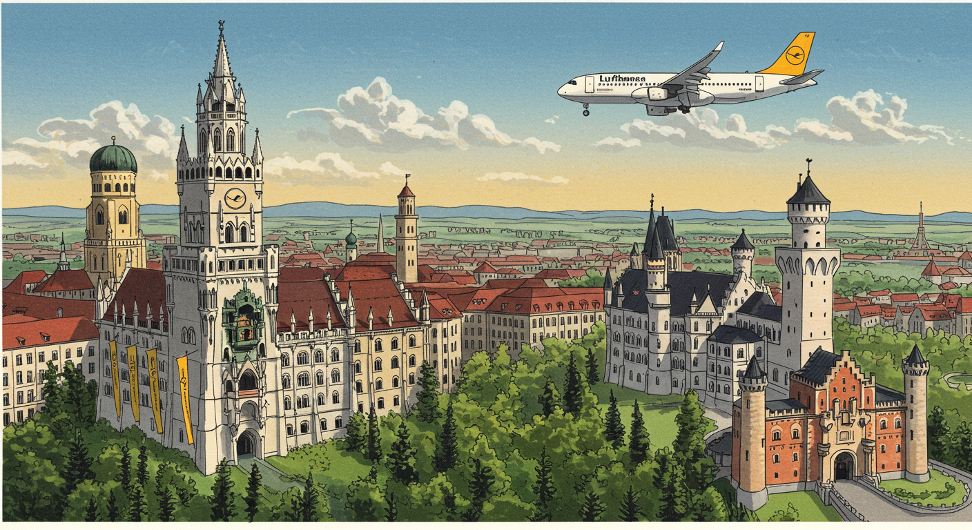 Illustrierte deutsche Stadtlandschaft: Lufthansa-Flugzeug über dem Münchner Rathaus, der Frauenkirche und Schloss Neuschwanstein.