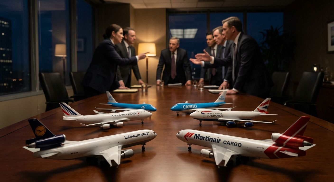 Führungskräfte treffen sich um einen Tisch mit verschiedenen Flugzeugmodellen.