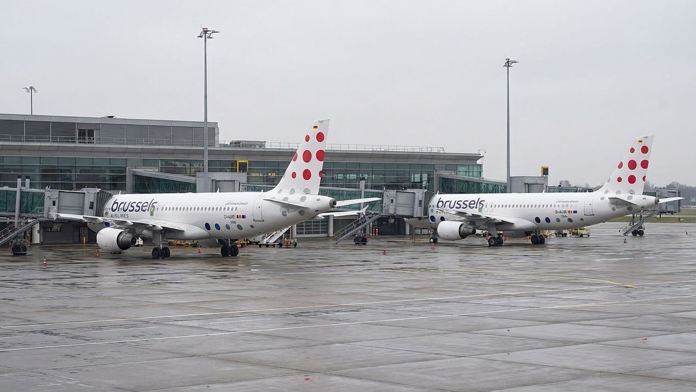 Zwei Flugzeuge der Brussels Airlines am Flughafen Brüssel (BRU) an einem trüben Tag.