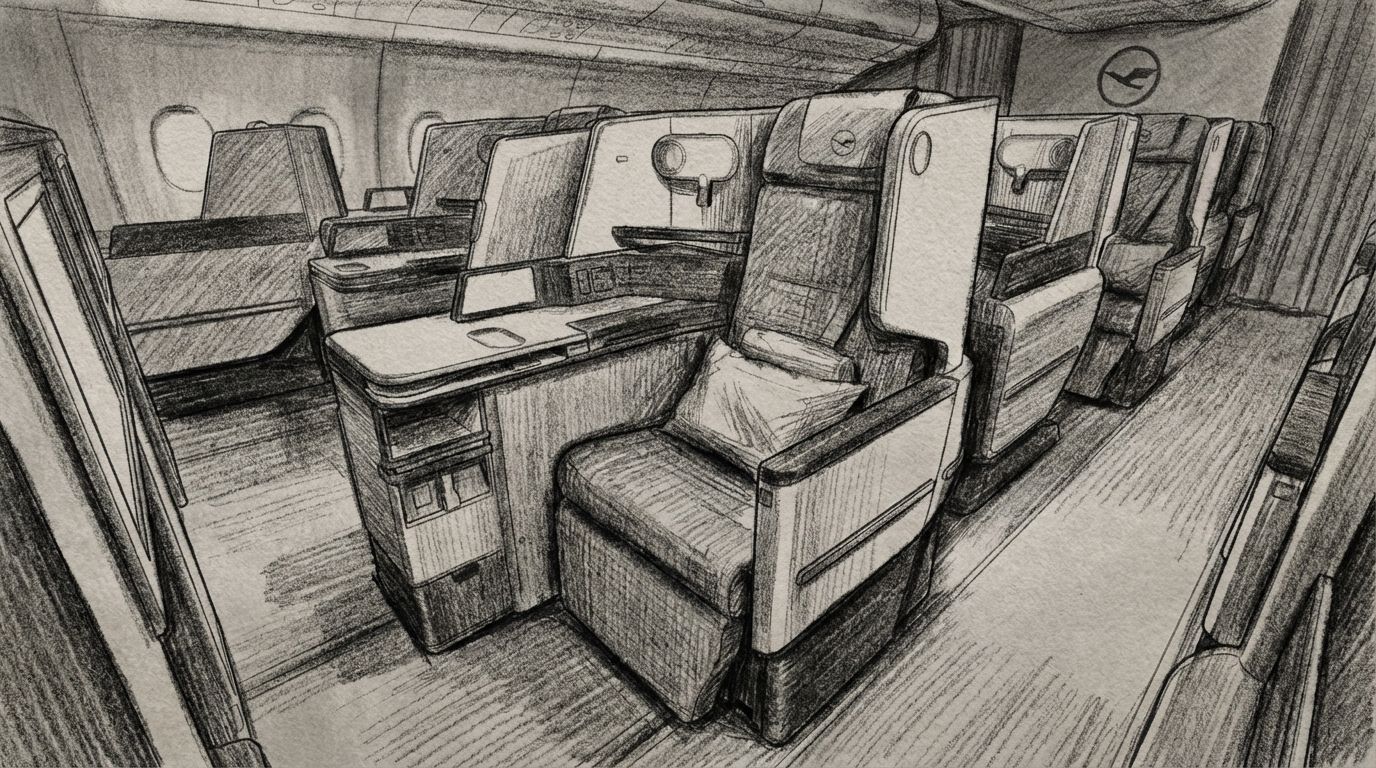 Skizze der Lufthansa Business Class Sitze in einem Flugzeug.