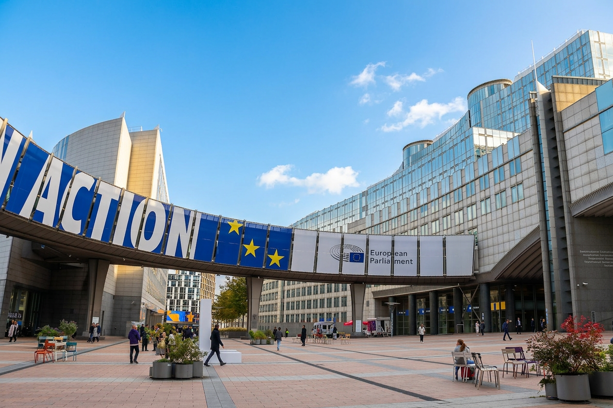 European Parliament building in Brussels, with "ACTION" and "European Parliament" banners on a skybridge