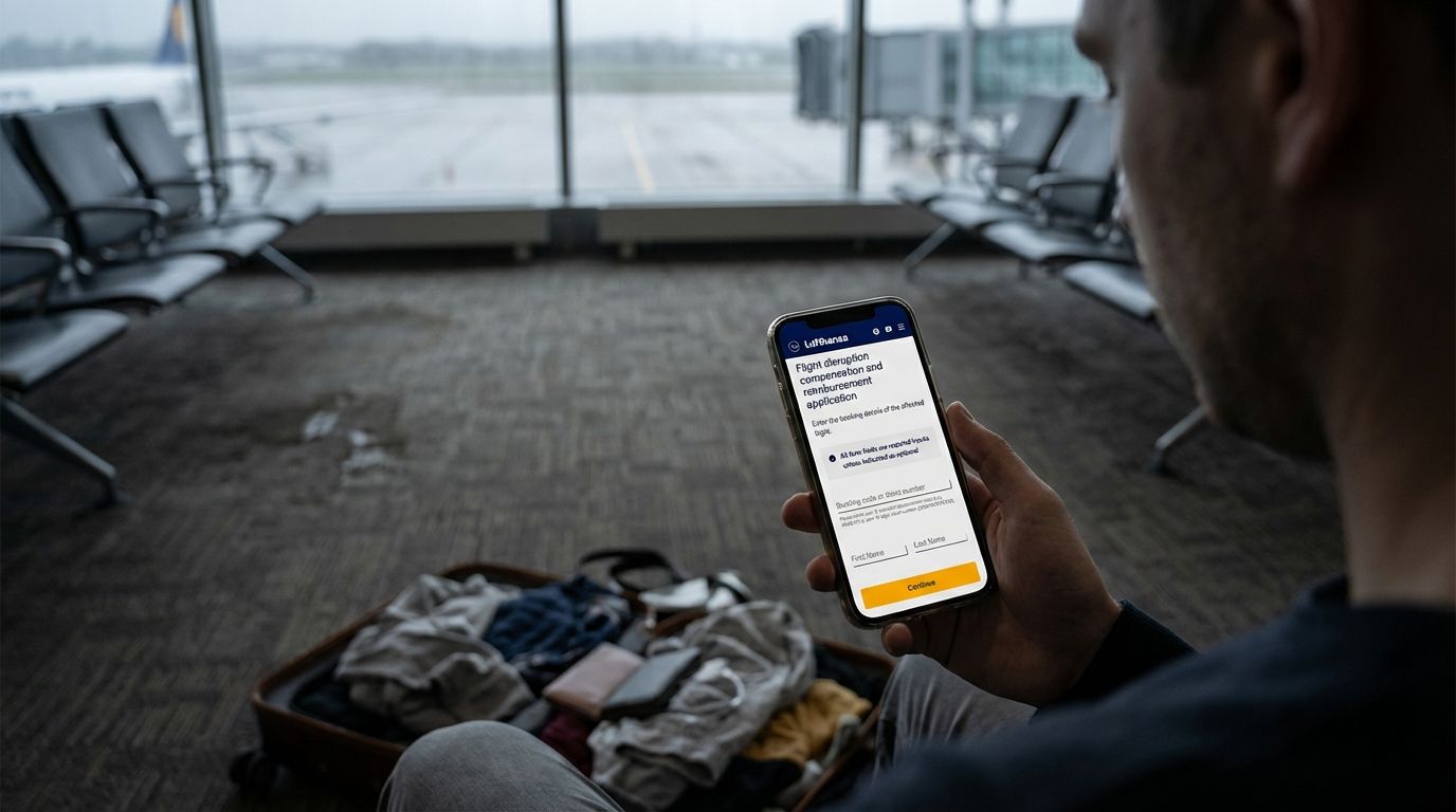 Reisender nutzt Lufthansa App für Flugentschädigung am Flughafen. Gepäck in der Nähe.