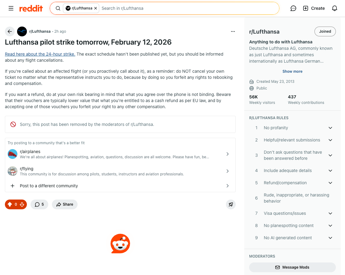 Screenshot eines Reddit-Posts auf /r/lufthansa über einen gelöschten Lufthansa-Pilotenstreik