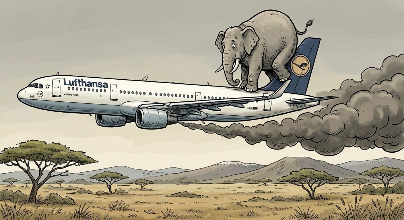 Cartoon of a Lufthansa plane with an elephant on its tail, emitting black smoke over an African savanna.