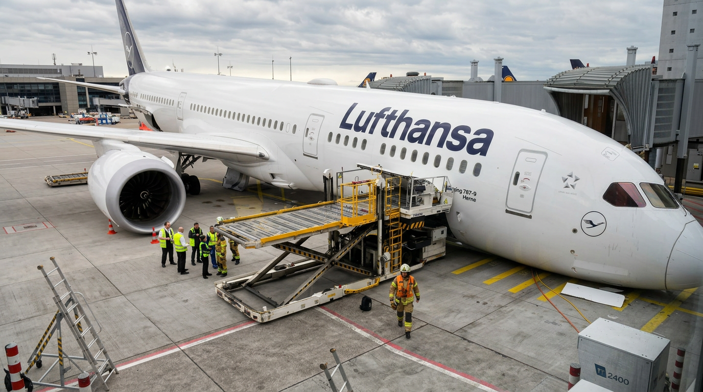 A Lufthansa Boeing 787-9 Dreamliner at an airport gate, with ground crew and a cargo loader overseeing baggage operations.