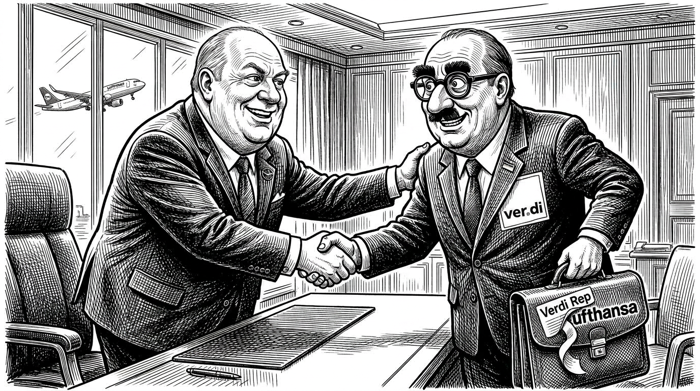Illustration: Zwei lächelnde Männer, einer ver.di-Vertreter, schütteln sich im Büro die Hände. Flugzeug und Aktenkoffer deuten Lufthansa-Verhandlungen an.